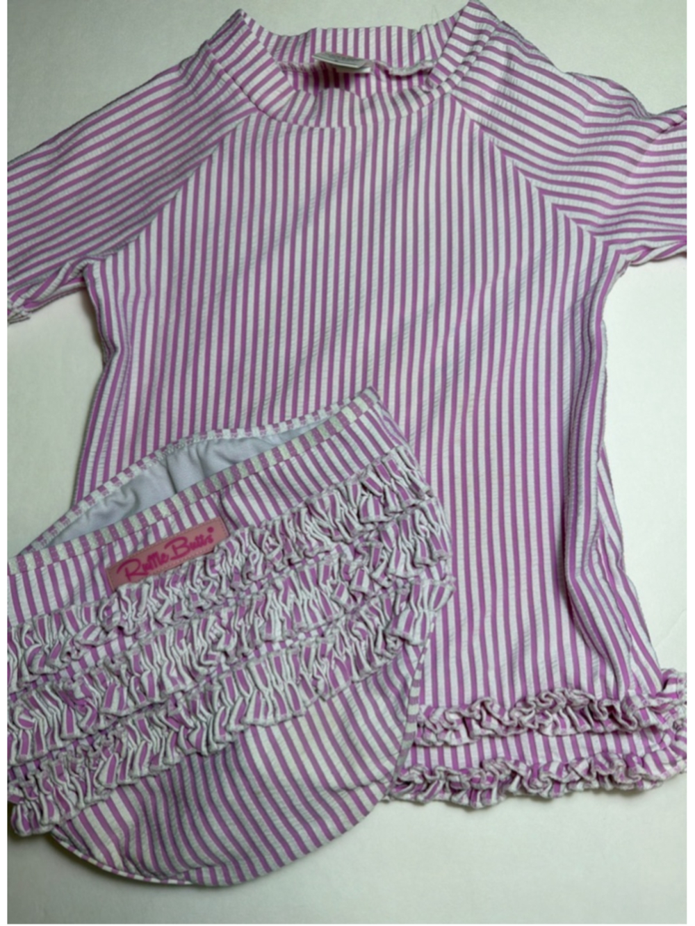 Girls RuffleButts Seersucker Striped Rashguard Two Piece Bathing Swimsuit Size 5
